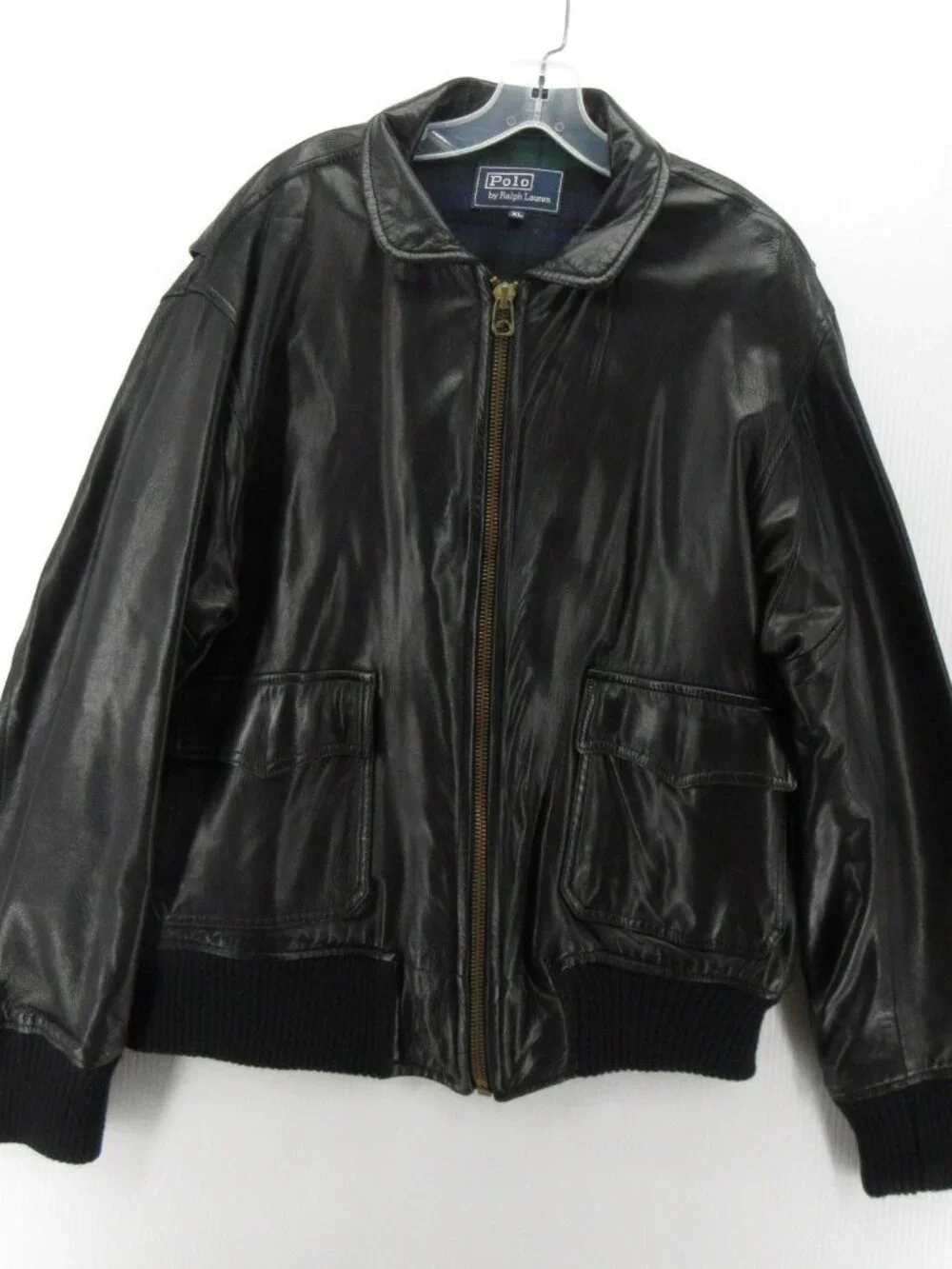 VGT Polo Ralph Lauren Jacket XL Leather Bomber Tartan Lining Aviation